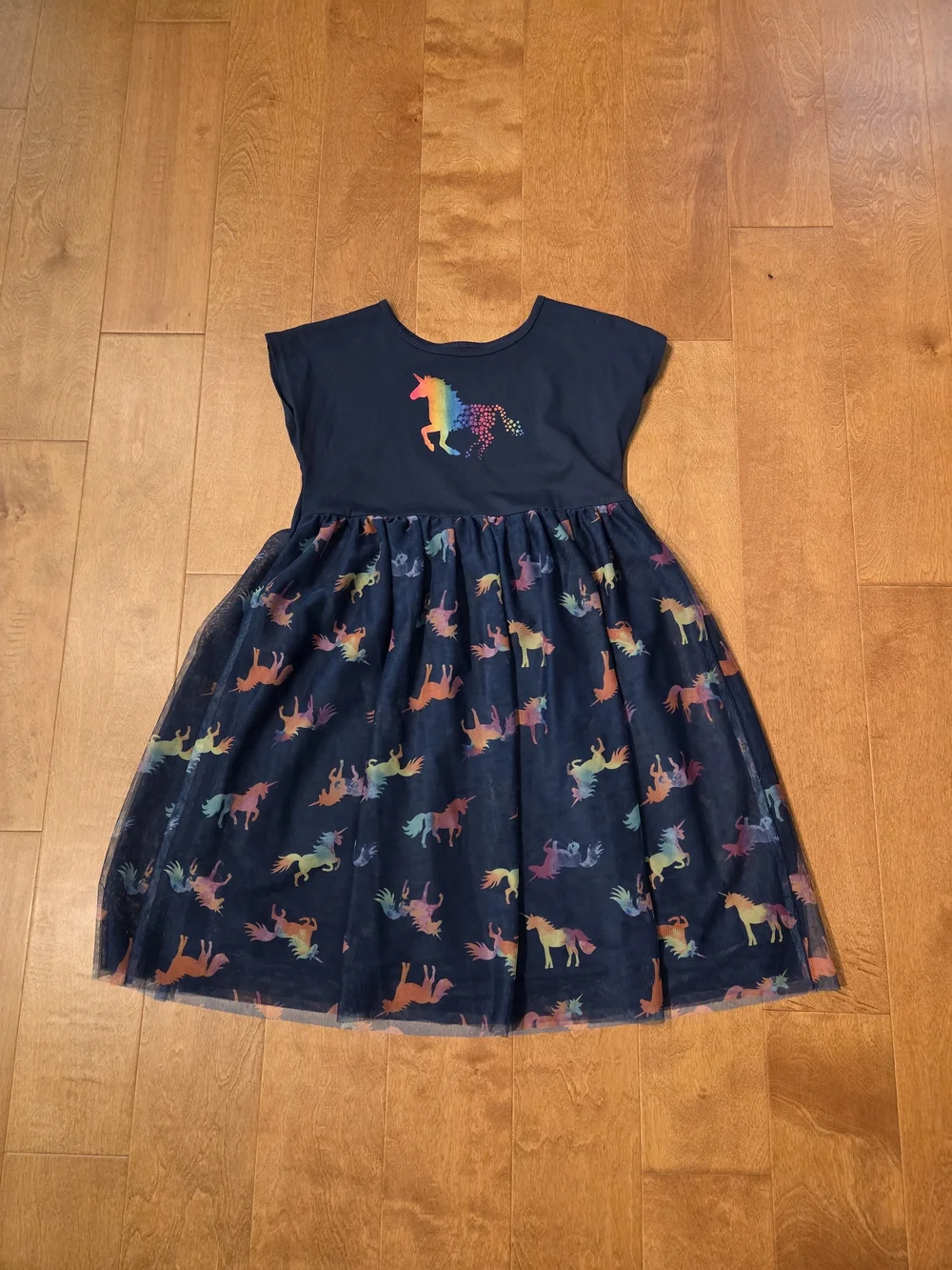 Navy Unicorn Tulle Dress with Rainbow Accents - Girls L 10-12
